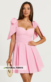 Girley Mini Dress - Bow Strap Dress in Pink Gingham
